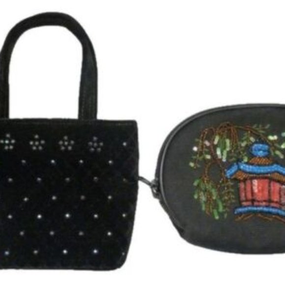 Isabella Fiore Black Set of 2 Velvet Sequins Small Coin Purse MINI BAG COSMETIC - Picture 2 of 11